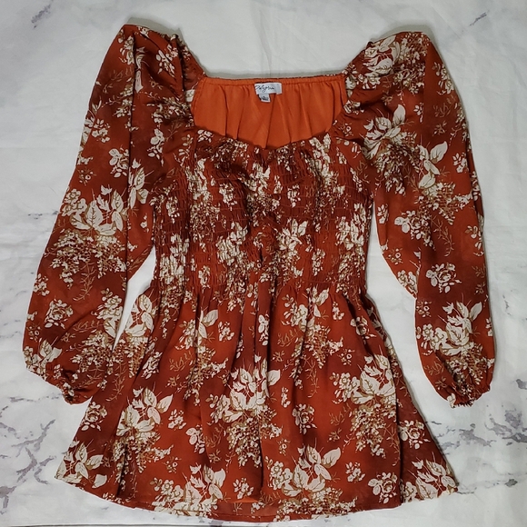 Polagram Tops - Polagram Floral Rust Smocked Blouse